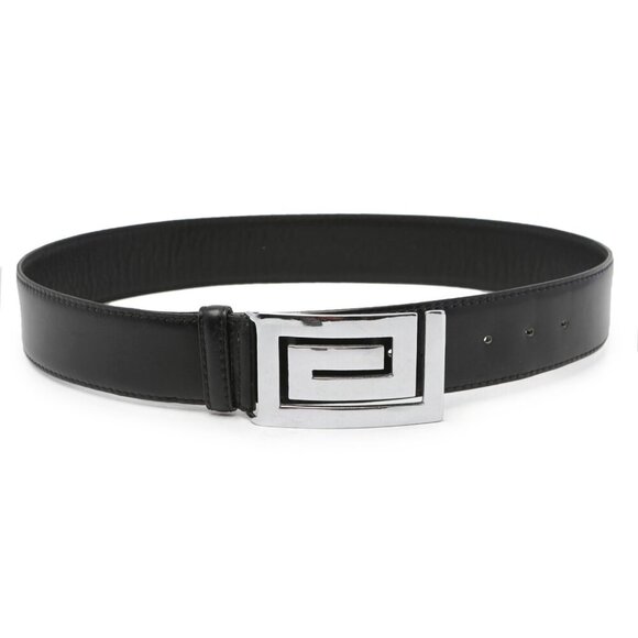 Vintage LONGHI Leather Belt Italy Black Large Silver Statement Buckle Classic - Picture 4 of 9